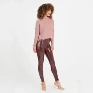 SPANX Faux Patent Leather Ruby Burgundy Cabernet Leggings Large NEW